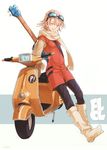  copyright_name flcl goggles ground_vehicle guitar haruhara_haruko highres instrument motor_vehicle pink_hair scarf scooter solo teyuruun yellow_eyes 