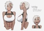  1girl blush breasts character_sheet closed_mouth collarbone facial_scar green_eyes grey_background grey_hair hair_between_eyes hair_ornament large_breasts menoo_(meno1921) milla_(menoo) muscle muscular_female open_mouth original scar scar_across_eye scar_on_cheek simple_background upper_body x_hair_ornament 