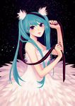  aqua_hair bad_id bad_pixiv_id blue_eyes dress feathers hair_ornament hatsune_miku holding last_night_good_night_(vocaloid) lips long_hair nail_polish parted_lips ribbon solo strapless strapless_dress twintails vocaloid white_dress yoonmi 