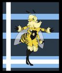  abdomen antennae arthropod bee black_markings blonde_hair blue_eyes breasts brown_nipples demonnyuu digitigrade female fur hair insect markings multi_limb nipples nude open_mouth solo stripes thick_thighs wings 