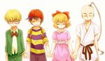  3boys backpack bag black_hair blonde_hair closed_eyes earrings formal glasses hat holding_hands jeff_andonuts jewelry kimuri_(uragami) long_hair mother_(game) mother_2 multiple_boys ness paula_(mother_2) poo_(mother_2) ribbon smile suit 