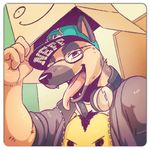  black_nose box canine clothing dog eyewear german_shepherd glasses hat headphones looking_at_viewer male mammal neff_(clothing) seaside_(artist) smile solo tongue tongue_out 