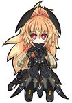  chibi hand_on_hip long_hair long_ponytail looking_at_viewer phantasy_star phantasy_star_online_2 red_eyes simple_background smile solo very_long_hair wavy_hair white_background yu-ves zelsius 