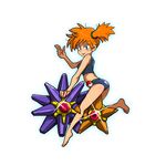  ass barefoot bikini blue_eyes blush gen_1_pokemon gym_leader kafun kasumi_(pokemon) midriff orange_hair parted_lips poke_ball pokemon pokemon_(creature) pokemon_(game) pokemon_rgby scrunchie short_hair side_ponytail smile starmie staryu swimsuit tankini waist_poke_ball white_background 