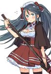  amana_(pocketkey) aqua_eyes black_hair black_legwear blush bracelet breasts broom cleavage detached_collar frills hair_ribbon isuzu_(kantai_collection) jewelry kantai_collection long_hair looking_at_viewer maid maid_headdress medium_breasts poncho ribbon skirt solo thighhighs twintails 