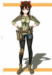  black_legwear blush boots bow brown_eyes brown_hair collarbone dausagi error gloves gun hair_bow handgun highres holster knee_pads legwear_under_shorts looking_at_viewer magazine_(weapon) military multicam_(camo) original pantyhose pistol ponytail pouch shadow shorts sling smile solo weapon 