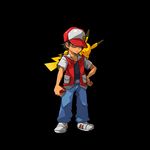  animal animal_on_shoulder baseball_cap black_background black_hair gen_1_pokemon hat hat_over_one_eye holding holding_poke_ball kafun pikachu poke_ball pokemon pokemon_(creature) pokemon_(game) pokemon_rgby red_(pokemon) red_(pokemon_rgby) red_eyes shoes sneakers 