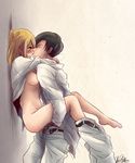  1girl artist_request black_hair blonde_hair blush bottomless clothed_sex eyes_closed held_up levi_(shingeki_no_kyojin) nipples open_clothes petra_ral sex shingeki_no_kyojin vaginal 