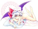  ass bat_wings blue_hair breasts collarbone detached_sleeves fang hand_in_hair hat hat_ribbon looking_at_viewer lying mob_cap nipples nude on_stomach open_mouth pillow pink_eyes remilia_scarlet ribbon silver_hair small_breasts smile solo take_tonbo touhou wings 