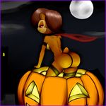  anthro big_butt breasts brown_hair butt chipmunk female full_moon hair halloween holidays looking_at_viewer looking_back mammal moon night norithics nude pumpkin red_eyes red_hair rodent sally_acorn sega side_boob smile solo sonic_(series) 