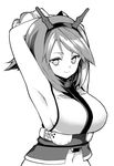  armpits arms_up bad_id bad_pixiv_id blush breasts fuantei gloves greyscale headgear kantai_collection large_breasts looking_at_viewer monochrome mutsu_(kantai_collection) navel short_hair sideboob simple_background solo white_background 