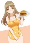  apron blush breasts brown_eyes brown_hair covering food ginjyasei hamburger large_breasts naked_apron photokano smile solo tray yunoki_rina 