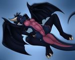  abs anthro barefoot big_claws black_skin blue_background breasts dragon dragon_wings female gradient_background horn inviting kurtassclear lying nipples nude on_back paws pink_eyes pink_skin pinup plain_background pose pussy scalie solo spread_legs spread_wings spreading two_claws two_tone_skin white_claws wings 