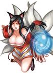  ahri animal_ears bare_shoulders black_hair breasts brown_eyes detached_sleeves fox_ears fox_tail huge_breasts league_of_legends long_hair looking_at_viewer low_neckline qblade smile solo tail thighs 