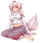  animal_ears bad_feet bare_shoulders barefoot breasts detached_sleeves full_body groin hasu_(hk_works) hat impossible_clothes inubashiri_momiji large_breasts midriff navel one_eye_closed red_eyes simple_background sitting smile solo tail tokin_hat touhou white_background wolf_ears wolf_tail 