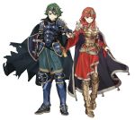  1boy 1girl absurdres alm_(fire_emblem) armor breasts cape celica_(fire_emblem) cleavage closed_mouth earrings ebinku fingerless_gloves fire_emblem fire_emblem_echoes:_mou_hitori_no_eiyuuou gloves green_eyes green_hair hand_holding highres jewelry long_hair medium_breasts nail_polish nintendo red_eyes red_hair scabbard sheath sheathed shield short_hair simple_background smile sword weapon white_background 