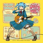  arm_up bloomers blue_eyes blue_hair character_name dress effects_pedal electric_guitar fender guitar hair_bobbles hair_ornament instrument kawashiro_nitori long_sleeves looking_at_viewer maruhachi_(maruhachi_record) no_hat no_headwear open_mouth ribbon short_hair short_twintails skirt skirt_set smile socks solo standing touhou twintails two_side_up underwear whammy_bar 