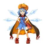  :d alternate_costume asameshi bag blue_eyes blue_hair bow cape cirno dress full_body halloween halloween_costume hands_on_hips lantern open_mouth pumpkin short_hair simple_background smile solo touhou v-shaped_eyebrows 