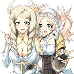  :d blonde_hair breasts bridal_gauntlets cleavage dress drill_hair echizen_(hvcv) emerina facial_mark fingerless_gloves fire_emblem fire_emblem:_kakusei forehead_mark gloves green_eyes large_breasts liz_(fire_emblem) long_hair medium_breasts multiple_girls open_mouth siblings simple_background sisters smile twintails v white_background 