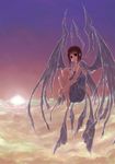 brown_hair cloud dress expressionless fetal_position floating full_body looking_at_viewer original plantar_flexion short_hair sky solo sunset travo white_dress wings 