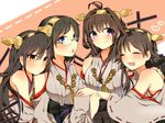  bare_shoulders blue_eyes blush breasts brown_eyes brown_hair closed_eyes detached_sleeves double_bun glasses hair_ornament hairband haruna_(kantai_collection) headgear hiei_(kantai_collection) japanese_clothes kantai_collection kirishima_(kantai_collection) knight07 kongou_(kantai_collection) long_hair medium_breasts multiple_girls nontraditional_miko open_mouth short_hair skirt smile yellow_eyes 