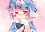  blush check_commentary commentary commentary_request hammer_(sunset_beach) hand_on_own_chin hat japanese_clothes looking_at_viewer pink_eyes pink_hair puffy_short_sleeves puffy_sleeves saigyouji_yuyuko short_hair short_sleeves solo touhou triangular_headpiece 