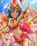  :d artist_request bare_shoulders brazil brazilian breasts choker cleavage dancer dark_skin feathers green_hair idolmaster idolmaster_cinderella_girls jewelry looking_at_viewer medium_breasts midriff natalia_(idolmaster) navel official_art open_mouth outstretched_arms outstretched_hand purple_eyes samba short_hair smile solo tan 