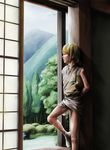  1boy blonde_hair child indoors japanese_clothes japanese_house male male_focus mountain realistic sky solo to1989 