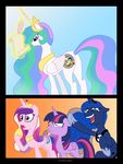  antler blue_eyes blue_fur blue_hair comic crown cutie_mark discord_(mlp) draconequus english_text equine female feral friendship_is_magic frown fur glowing hair hendocrinogeno horn horse laugh long_hair magic mammal multi-colored_hair my_little_pony open_mouth paper pony princess_cadance_(mlp) princess_celestia_(mlp) princess_luna_(mlp) purple_eyes purple_fur purple_hair quill red_eyes royalty smile tears teeth text tongue twilight_sparkle_(mlp) white_fur winged_unicorn wings 