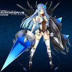  armor bare_shoulders blue_background blue_eyes blue_hair breasts copyright_name covered_navel elbow_gloves english facial_mark flower forehead_mark full_body gloves greaves hair_flower hair_ornament headgear high_heels holding hotori_(sion) huge_weapon kousoku_kidou_avatar_drive leotard long_hair medium_breasts navel pointy_ears polearm see-through shield sidelocks solo spear standing thighhighs weapon white_gloves white_legwear 