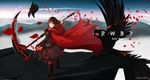  boots cape dress gray_eyes neko_(greedlinn) petals red_hair ruby_rose rwby scythe short_hair signed weapon 