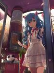  animal_ears blue_eyes blue_hair cat_ears dress hair_ornament hairclip highres long_hair ooi_choon_liang original parted_lips phone_booth rain ribbon solo stuffed_animal stuffed_panda stuffed_toy umbrella white_dress 