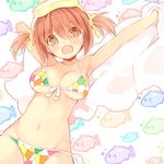  armpits arms_up bikini breasts brown_eyes brown_hair cleavage fish front-tie_top groin hair_ribbon kurasuke large_breasts looking_at_viewer navel open_mouth original ribbon short_hair short_twintails side-tie_bikini solo swimsuit towel twintails 