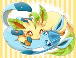  &#12450;&#12452;&#12511; blue_eyes blush cute duo eeveelution feral glaceon hindpaw leafeon lying nintendo open_mouth pawpads paws pok&#233;mon pok&eacute;mon smile video_games 