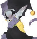  9999gpera blush close-up clothed clothing cum cum_in_ear cum_on_ear cum_on_tail deltarune gloves hat headgear humanoid imp jester jevil_(deltarune) male not_furry open_mouth sharp_teeth shirt sitting smile solo sweat teeth tongue video_games 