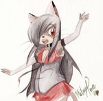  anthro arm_warmers black_hair breasts buckle chubby clothed clothing collar cougar feline female fingerless_gloves fur gloves grey_hair hair hair_over_eye kami kamikitty long_hair mammal open_mouth queenkami red_eyes ribbons shirt skirt sleeveless smile two_tone_hair waving 