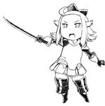  ahoge armor bow bravely_default:_flying_fairy bravely_default_(series) edea_lee faulds flat_chest gauntlets greaves greyscale hair_bow monochrome short_hair solo sword tsukudani_(coke-buta) weapon 