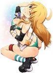  ahoge ass belt between_breasts bikini blonde_hair breasts butt_crack cleavage fingerless_gloves gloves green_eyes highres hoshii_miki idolmaster idolmaster_(classic) large_breasts long_hair one_eye_closed roller_skates skates smile solo sports_bikini swimsuit thong_bikini umakatsuhai 