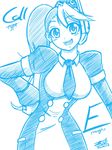  breasts call_(mighty_no._9) call_e dress garrison_cap hand_on_hip hat headset large_breasts long_hair mighty_no._9 monochrome multicolored_hair necktie puffy_sleeves robot short_dress side_ponytail signature sketch solo two-tone_hair uniform zilhouette 