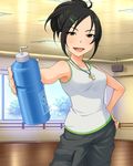  artist_request bangs black_eyes black_hair bottle cargo_pants hair_ornament hairclip hand_on_hip idolmaster idolmaster_cinderella_girls master_trainer official_art open_mouth pants solo star swept_bangs tank_top trainer_(idolmaster) water_bottle whistle 