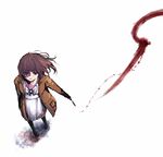  blood boots brown_hair coat dress floating_hair from_above full_body knife looking_away original short_hair solo travo walking 