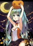  &gt;_&lt; armpits closed_eyes dress fang food food_on_head green_eyes green_hair halloween hatsune_miku highres jack-o'-lantern long_hair moon object_on_head open_mouth pumpkin ribbon solo star strapless strapless_dress tika_(mika4975) twintails vocaloid 