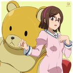  beargguy_iii blush brown_eyes brown_hair glasses gundam gundam_build_fighters hairband kousaka_china kueru_(yuuki_tamerawanai) looking_at_viewer open_mouth over-rim_eyewear red-framed_eyewear school_uniform semi-rimless_eyewear short_hair smile solo 