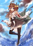  bare_shoulders black_legwear blue_eyes blush boots brown_hair cannon detached_sleeves double_bun hair_ornament hairband headgear japanese_clothes kantai_collection kongou_(kantai_collection) long_hair nontraditional_miko open_mouth ribbon-trimmed_sleeves ribbon_trim skirt smile solo thigh_boots thighhighs turret water yayoi_(egoistic_realism) 