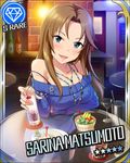  alcohol artist_request beer black_legwear blue_eyes blush bottle breasts brown_hair card_(medium) character_name cherry cleavage cup diamond_(symbol) food fruit heineken idolmaster idolmaster_cinderella_girls jewelry jpeg_artifacts long_hair matsumoto_sarina necklace official_art pub smile solo thighhighs 