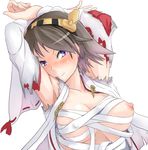  2-kai_no_rinjin arms_up bad_id bad_pixiv_id blush breasts brown_hair detached_sleeves hairband headgear hiei_(kantai_collection) japanese_clothes kantai_collection large_breasts looking_at_viewer nipples purple_eyes short_hair smile solo 
