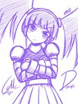  :&lt; android blush call_(mighty_no._9) call_d crossed_arms dated head_tilt headphones long_hair mighty_no._9 monochrome purple robot_joints signature sketch skirt solo twintails zilhouette 