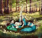  barefoot blue_fur blue_hair breasts claws detailed_background female forest fur grass hair horn looking_at_viewer lying multicolor_fur nature nude on_back on_ground pawpads paws playful punisa raised_leg seductive solo tree two_tone_fur unknown_species white_fur wood 