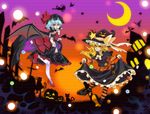  2girls alternate_costume bat_wings blonde_hair blue_hair blush candy cat cirno crescent_moon cross dress flandre_scarlet food gloves hakurei_reimu halloween hat jack-o'-lantern kaenbyou_rin kaenbyou_rin_(cat) kirisame_marisa mirei_(miirei) moon multiple_girls night open_mouth pantyhose pumpkin red_eyes remilia_scarlet shameimaru_aya short_hair silhouette skirt skirt_lift smile star striped striped_legwear touhou white_legwear wings witch witch_hat yellow_eyes 