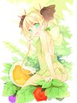  ass blonde_hair blush dress drinking_straw fairy green_dress green_eyes hair_ribbon kurasuke looking_at_viewer looking_back open_mouth original ribbon short_hair short_twintails sitting solo twintails 